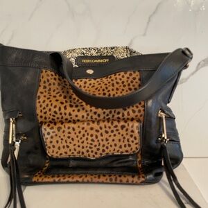 Ladies branded genuine leather handbag, REBECCAMINKOFF with Leopard insert
